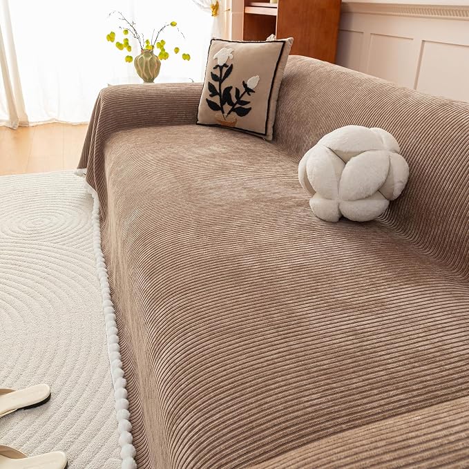Brown Striped Chenille Sofa Cover for Sectional with Pom Pom Trim, Non Slip Couch Cover for Pets Washable, Soft Couch Protector for 3 Cushion Couch Boho Cute Throw Blanket for Living Room-71X150IN - Image 8