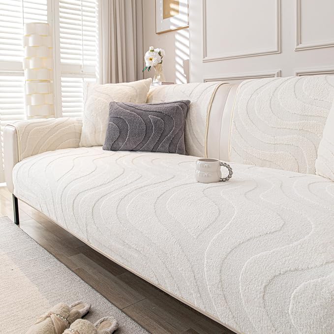 Couch Cover for Dogs, Velvet Fleece Non-Slip Sofa Covers Washable | Sofa Slipcovers for 3 Cushion Couch, Furniture Protector for Pet, L Shaped Sectional Couch Cover Wavy White, 36"X71" (1 Pcs) by KaviKon