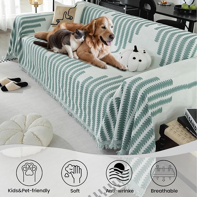 Stylish Non-Slip Thickened Geometric Jacquard with Tassels Sofa Cover, Washable Loveseat Cover Couch Covers for Sectional Sofa, Cat Scratch Furniture Protector(71" x 102", Green) - Image 2