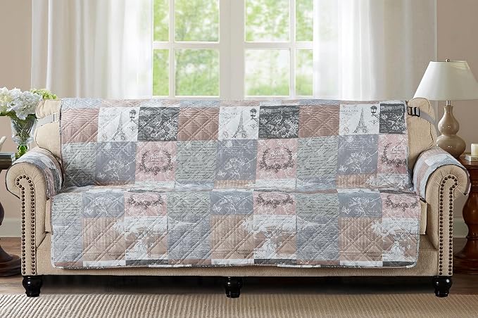 Brilliant Sunshine Latte Grey Paris & Toile Couch Cover, 78" seat | Non Slip Sofa Cover, Patchwork Design, Quilted Furniture Protector, Extra Large Washable Slipcover for Pets, Dogs & Cats - Image 3