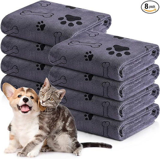 Chumia 8 Pcs Microfiber Dog Towels for Drying Dogs Cats 18 x 28 Inch Pet Towels Bulk for Medium Puppy Absorbent Fast Drying Paw Bath Bathing Supplies for Pets(Dog Paw and Bone,Gray) by Chumia