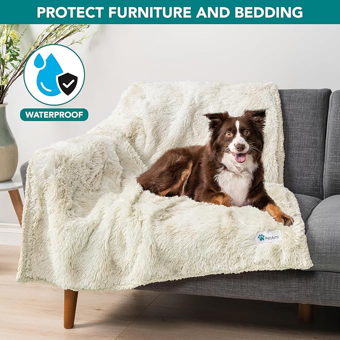 PetAmi Waterproof Dog Blanket for Couch, Bed & Furniture,Reversible Sherpa & Faux Fur Pet Blanket, Leakproof Pet Blanket for Large Dog Cat, Washable Soft Calming Protector Throw (60x80, Cream Beige) - Image 2