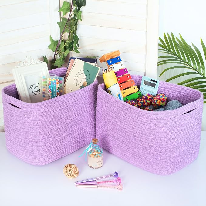 MINTWOOD Design 3-Pack Storage Baskets for Shelves, Decorative Baskets for Organizing, Woven Baskets for Storage, Book Basket Cube Storage Bin Box, Pantry Closet and Shoe Organizers, Lilac Purple - Image 3