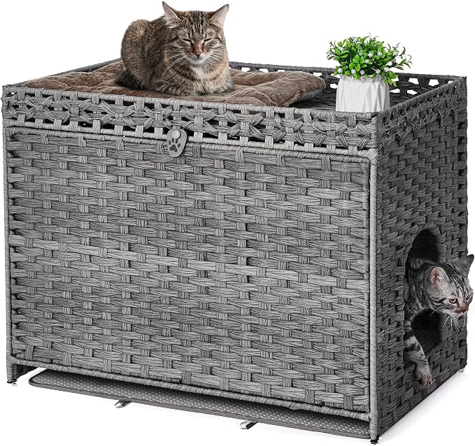Cat Litter Box Enclosure with Door, Hidden Cat Washroom Furniture | Handwoven PP Wicker; Soft Litter Mat Included; Spacious Interior; Furniture-Style Design; Indoor Home Décor by Catlitterboxenclosure