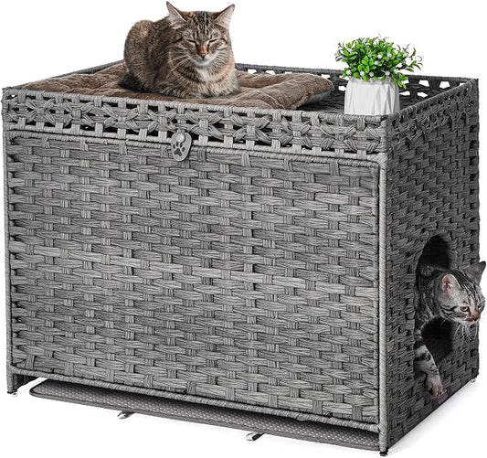 Cat Litter Box Enclosure with Door, Hidden Cat Washroom Furniture | Handwoven PP Wicker; Soft Litter Mat Included; Spacious Interior; Furniture-Style Design; Indoor Home Décor by Catlitterboxenclosure
