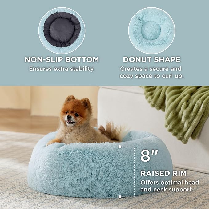 Bedsure Calming Small Dog Bed Donut Washable Cat＆Puppy Bed,23 inches | Fluffy Faux Fur Round Cuddler,Anti-Slip Bottom,Anti-Anxiety,Deep Sleeping for Large Cat & Pets Up to 25 Lbs,Aqua Blue - Image 3