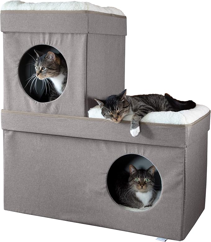Kitty City Large Stackable Cat Condo & Cube House, Modular Indoor Cat Furniture with Plush Washable Beds, Collapsible Cat Cave & Lounging Ottoman, Tan by KittyCity
