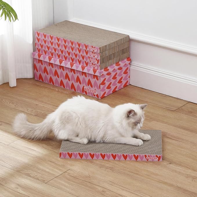 Naomi 18" x 10" Reversible Corrugated Cardboard Cat Scratcher Pads with Catnip, 5-Pack, Pink/Red Hearts Pattern Modern Furniture Protector CSR1009E - Image 2
