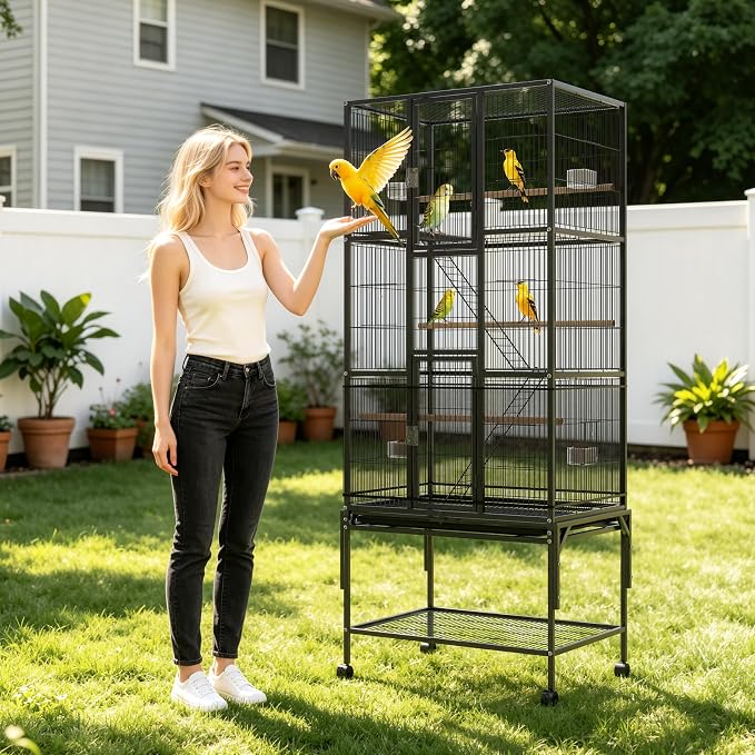 69-Inch Large Bird Cage with Dust Cover,Extra Large Bird Cages for Parakeet | Birdcages for Cockatiels Quaker Conure Lovebird Finch Canary Small Medium Parrot with Rolling Wheels,Black - Image 7