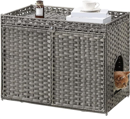 SETVSON Cat Litter Box Enclosure Furniture, Handwoven Rattan Hidden Litter Box with Mat, Large Space Cat House with 2 S-Shaped Hooks 30.3 x 18.3 x 24.4 Inches, Indoor for Living Room Apartment Gray by SETVSON