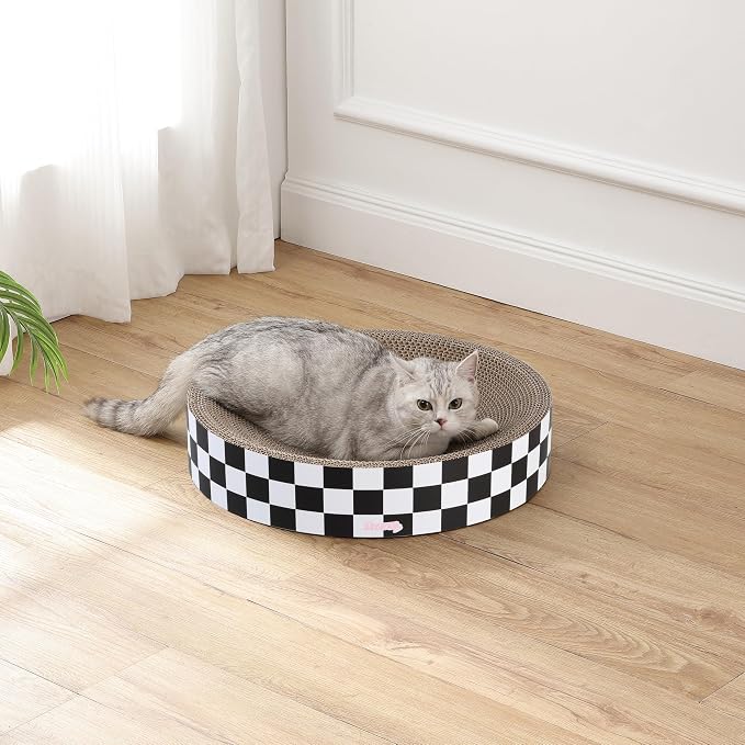 CSR1010F Nelson 20.13" Modern Cardboard Round Bowl Cat Scratcher with Catnip, Checkered - Image 2