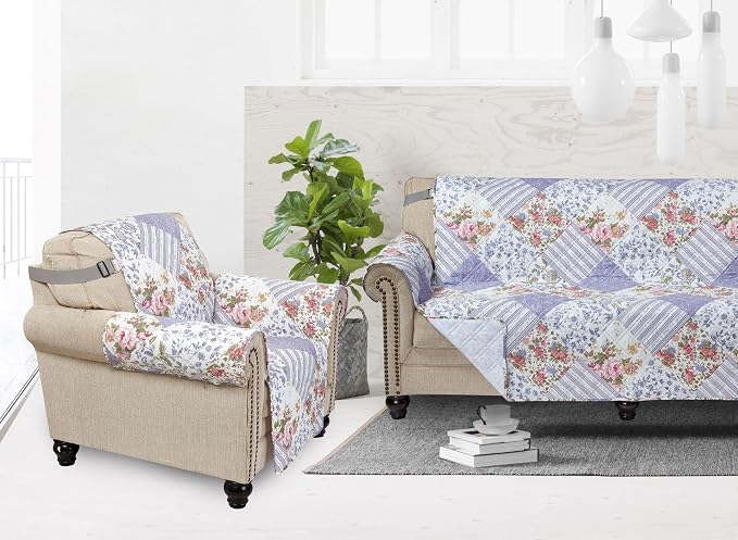 Brilliant Sunshine Rose Violet Floral Flowers Couch Cover, 70" seat | Patchwork Design, Non Slip Sofa Cover, Quilted Furniture Protector, Large Washable Slipcover for Pets, Dogs & Cats - Image 6