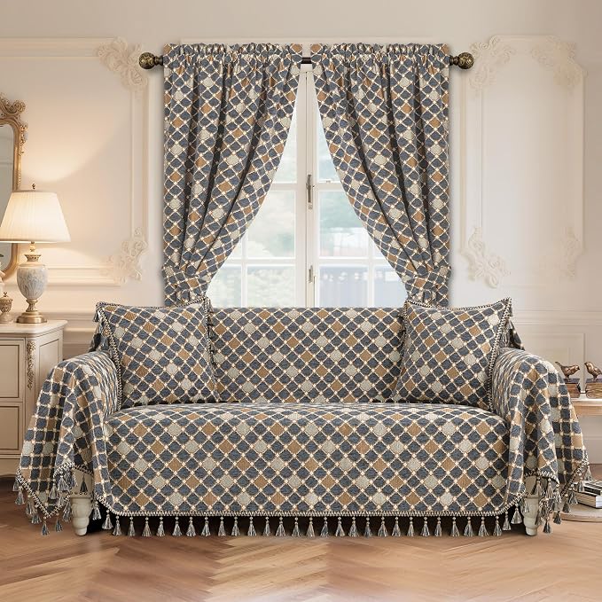 Loom and Mill Luxury Chenille Sofa Covers, Blue-Grey+Khaki+Beige, 71"x118" | Elegant Checkered Sofa Throw Cover with Tassels for 2-3 Cushion Couch, Sectional Couch Cover Sofa Slipcover for Dogs Pets - Image 2