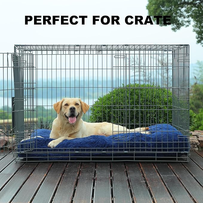 Bedfolks Plush Dog Crate Pad, Washable Dog Kennel Bed 41"x27", Faux Fur, Waterproof, Extra Large, Dark Blue - Image 3