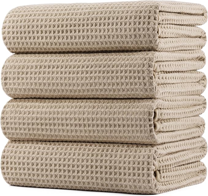 POLYTE 430 GSM Microfiber Oversize Quick Dry Lint Free Bath Towel, 60 x 30 in, 4 Pack (Waffle Weave) by Polyte