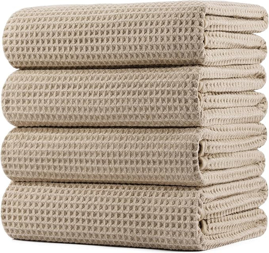 POLYTE 430 GSM Microfiber Oversize Quick Dry Lint Free Bath Towel, 60 x 30 in, 4 Pack (Waffle Weave) by Polyte