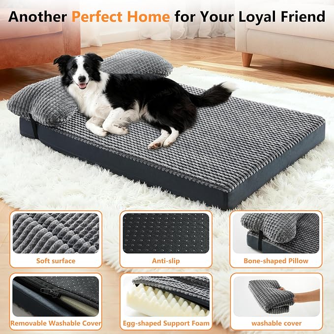 KISYYO Orthopedic L Dog Beds for Large Dogs with Removable Washable Cover and Removable Pillow for Crate,Waterproof Extra Large Dogs Mat, Grey, 35x23 - Image 7