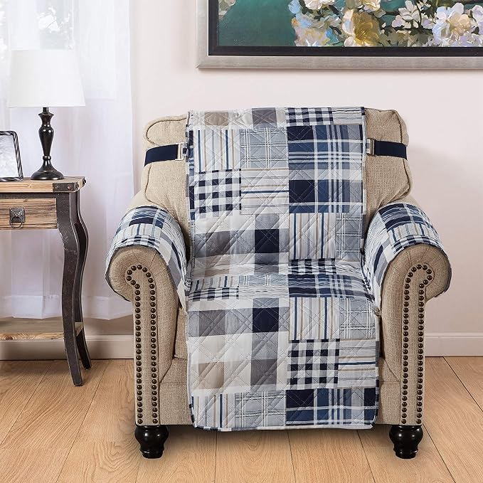 Brilliant Sunshine Blue Plaids & Stripes Couch Armchair Cover, 23" seat | Patchwork Design, Non Slip Sofa Cover, Quilted Furniture Protector, Washable Chair Slipcover for Pets, Dogs & Cats - Image 5