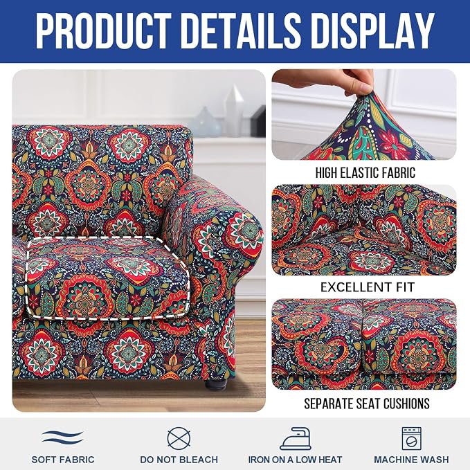 hyha Stretch Couch Covers, Sofa Cover for 3 Cushion Couch Pet Friendly | Floral Pattern, Printed, 4 Pieces, 3 Separate Cushion Sofa, Durable Anti-slip Washable Protector with Elastic Bottom for Dogs - Image 4