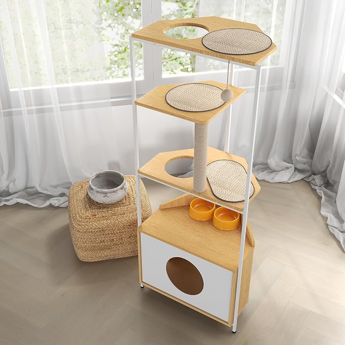 Corner Cat Tower, Cat Tree with Scratching Post, Cat Condo with Feeding Station and Climbing Platforms, Pet Furniture for Indoor Cats - Image 8