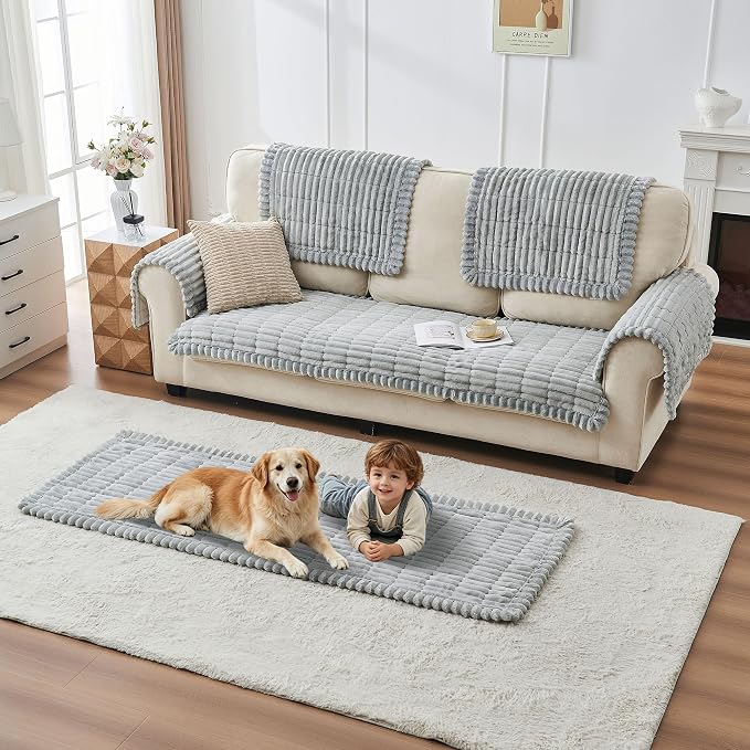 beeweed Couch Covers for Sofa, Couch Covers for Dogs Washable, Non Slip Plush Sofa Slipcovers, Couch Furniture Protector Pet Friendly, Light Grey, 27.6” x 59” - Image 5