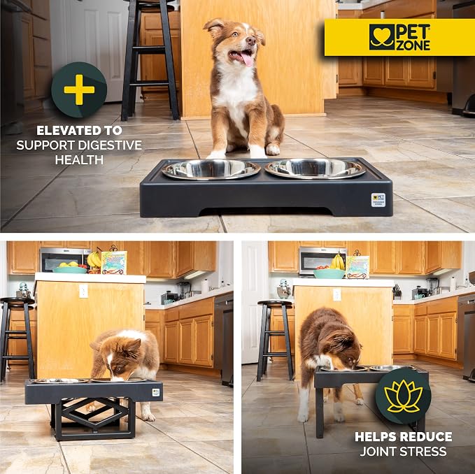 Pet Zone Designer Diner Elevated Dog Bowl Stand, 3 Adjustable Height Levels | Set includes two stainless steel dishes holding up to 7 cups each, raised feeding comfort for growing puppies and big breeds - Image 2