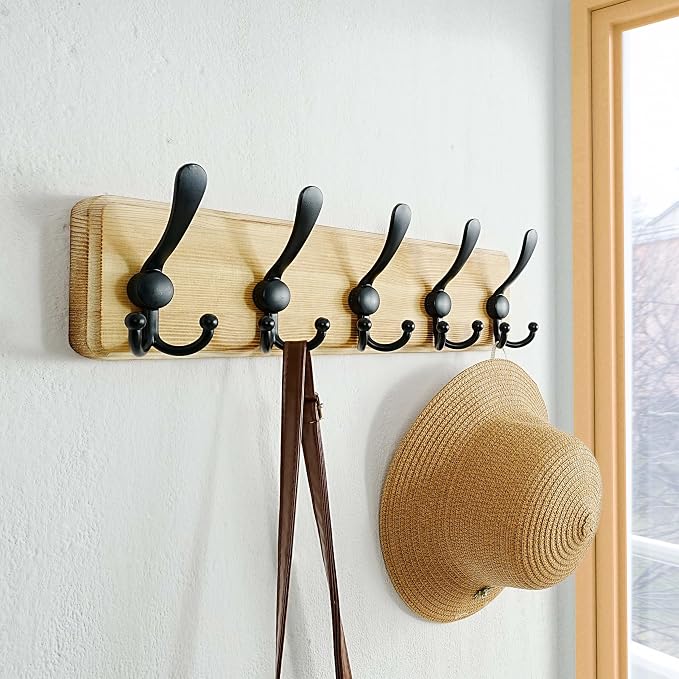 Dseap Coat Rack Wall Mount - Heavy-Duty Robust Rustic Wooden Wall Coat Hanger Hook Rail with 5 Triple Hooks for Winter Jacket & Hat Clothing, Light Brown & Black - Image 3