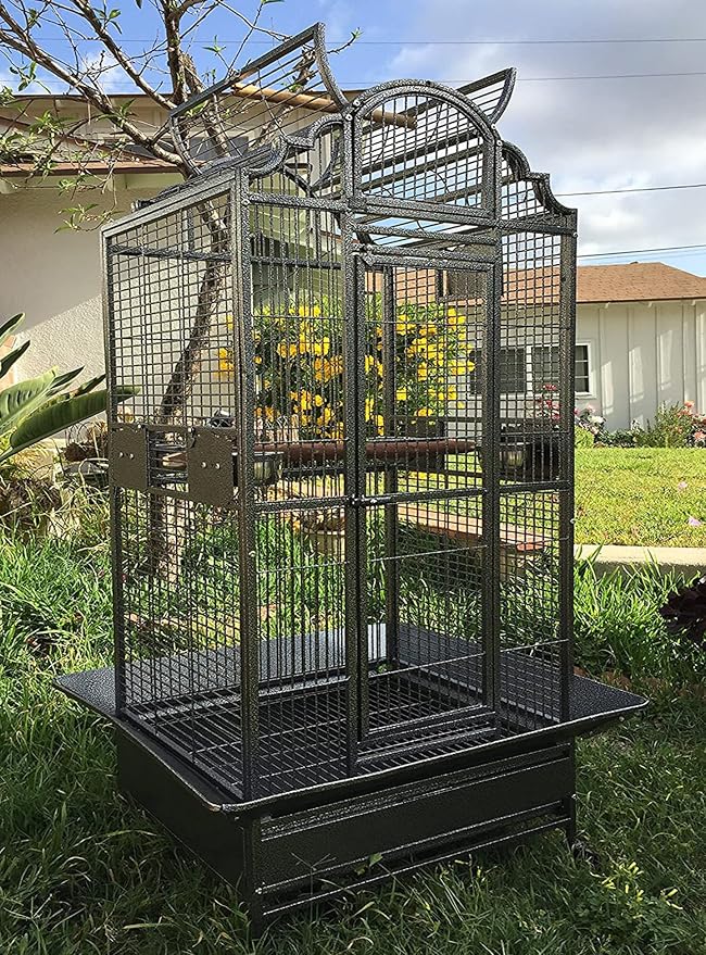 X-Large Elegance and Durable Wrought Iron Open Play Top Stand Bird Parrot Rolling Cage, Include Metal Seed Guard Solid Metal Feeder Nest Door Lockable Heavy Duty Rolling Wheels by Mcage