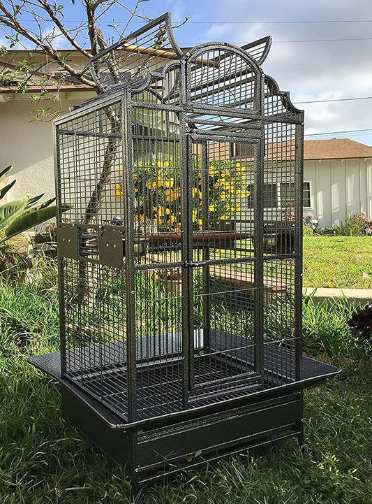 X-Large Elegance and Durable Wrought Iron Open Play Top Stand Bird Parrot Rolling Cage, Include Metal Seed Guard Solid Metal Feeder Nest Door Lockable Heavy Duty Rolling Wheels by Mcage
