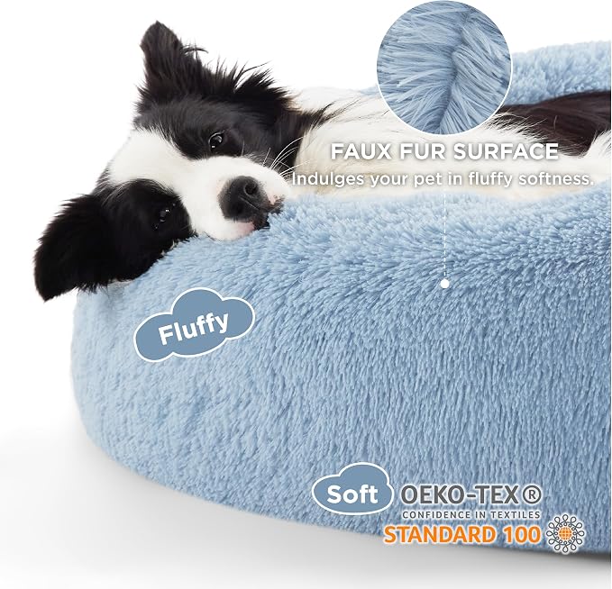 Bedsure Calming Dog Beds Large Sized Dog Donut Washable Pet Bed,36ins | Fluffy Faux Fur Round Cuddler,with Removable Washable Cover,Anti-Slip Bottom,Anti-Anxiety,for Pets Up to 80 Lbs,Light Blue - Image 2