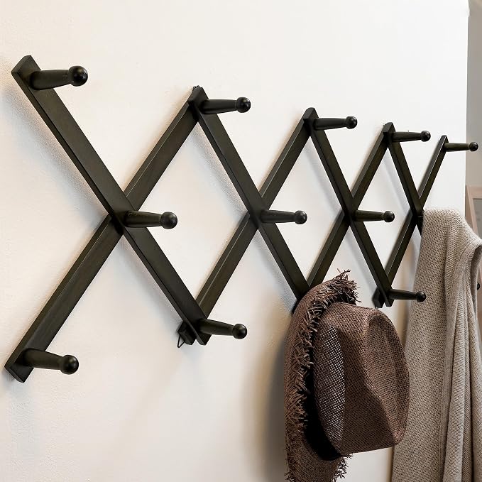 SKOLOO Hat Rack for Wall with 14 Hooks, Solid Wooden, Modern, Expandable Coat Rack Wall Mount for Coats, Hats, Bags, Baseball Caps, Dark Walnut Color - Image 2