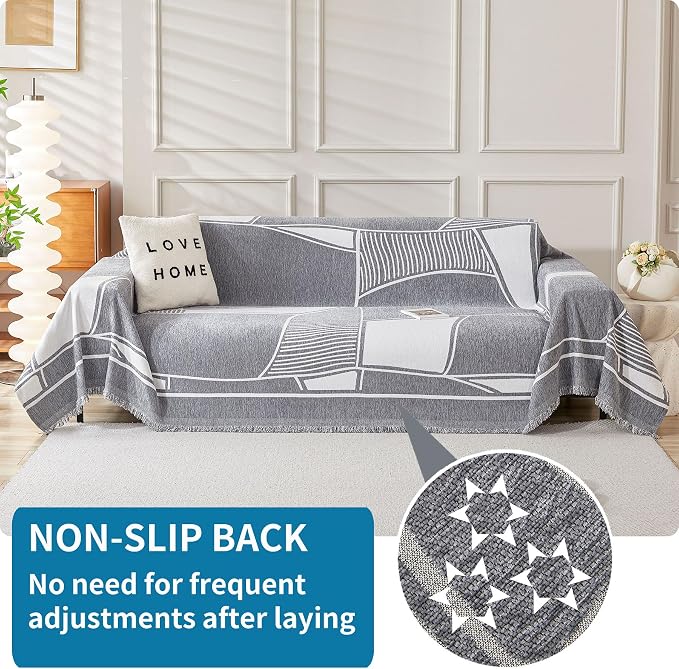 HAOMAIJIA Non Slip Couch Cover Sofa Covers for 2 Cushion Couch Washable sectional Couch Covers for Dogs pet Furniture Protector Couch Cover Blanket for Living Room (Grey-Cream, 71"x102") - Image 2
