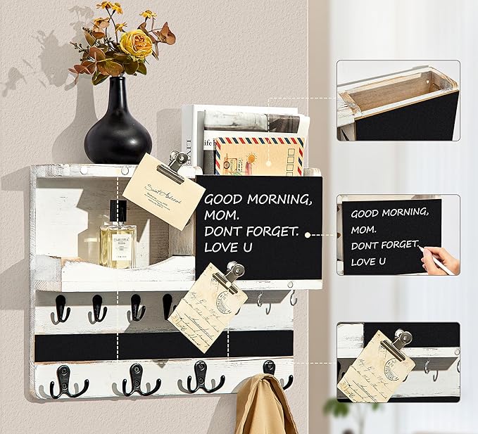 Key Holder for Wall Mount with Shelf and Mail Organizer, Key and Mail Holder with 16 Hooks, Farmhouse Entryway Organizer, Home Decor Rack (Pine Wood, White Washed) - Image 6