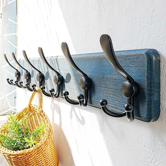 Dseap Coat Rack Wall Mounted - 24" Long 6 Tri Hooks, Heavy Duty Wooden Wall Coat Hanger Coat Hook for Clothes Hat Jacket Clothing, Weathered Blue and Black, Pack of 2 - Image 4