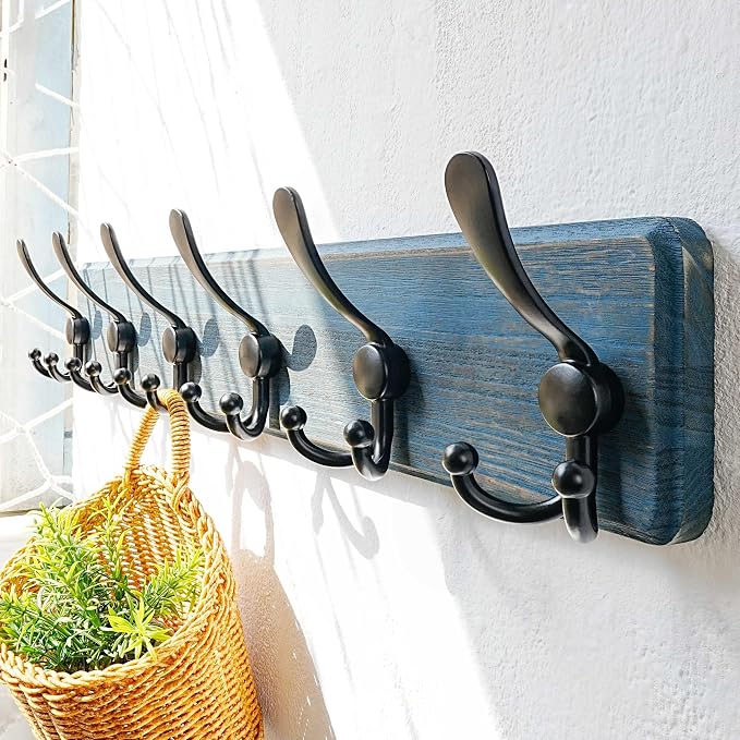 Dseap Coat Rack Wall Mounted - 24" Long 6 Tri Hooks, Heavy Duty Wooden Wall Coat Hanger Coat Hook for Clothes Hat Jacket Clothing, Weathered Blue and Black - Image 2