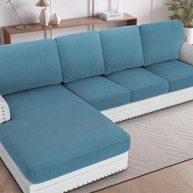 H.VERSAILTEX Sectional Couch Covers 4 Pieces Sofa Seat Cushion Covers L Shape Separate Cushion Couch Chaise Cover for Both Left/Right Sectional Couch (Seat Only: 1 Chaise + 3 Sofa, Storm Blue) by HVERSAILTEX
