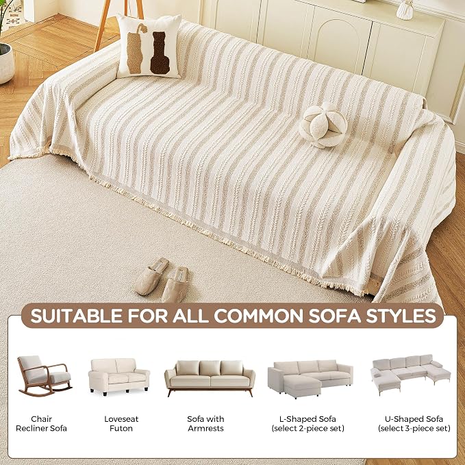 Couch Cover for Sofa, Boho Sofa Covers Washable 3 Cushion for Dogs | Chenille Sofa Slipcover for Pet, L-Shape Sectional Furniture Cover Soft Blanket Loveseat Protector, Striped Beige, 71"x118" - Image 8