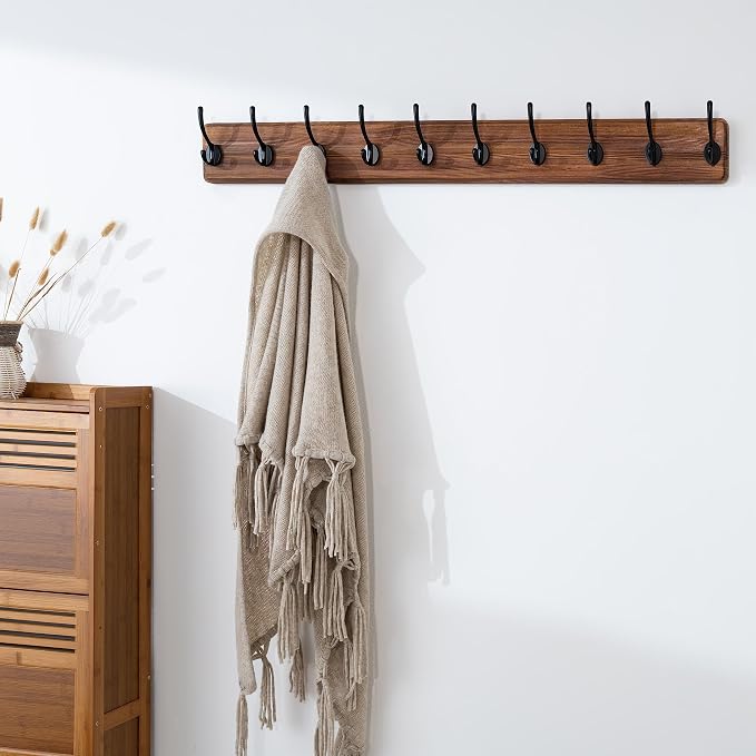 SKOLOO Farmhouse Style Wall Mounted Coat Rack, 38.6'' Pine Solid Wood Coat Hook Hanger - 10 Hooks for Hanging Clothes Robes Towels Coats - Image 2