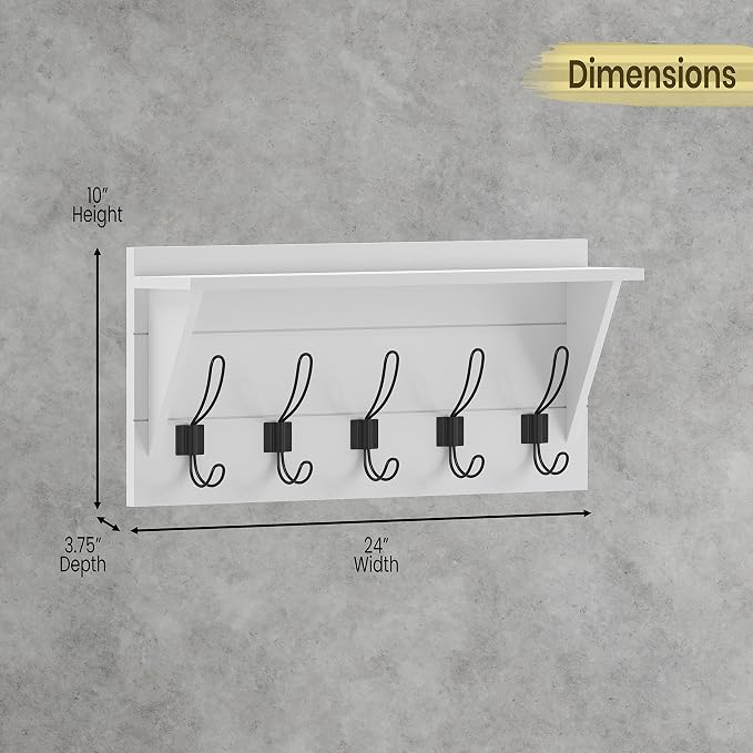 HBCY Creations 24" Wall Mounted Storage Rack - Pine Wood Construction - Solid White Finish - Upper Storage Shelf - 5 Hooks - Ideal for Entryway, Kitchen, Bathroom - Image 3