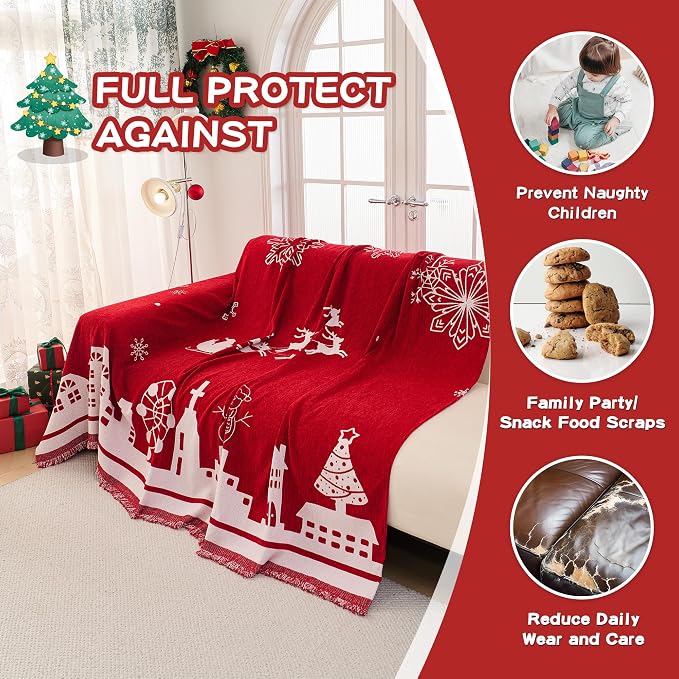 MEETSKY Christmas Couch Cover Red Sofa Slipcover for 2 Couch, Sofa Covers Washable Use Thick Soft Fabric Couch Cover for Dogs, Multi-Use Decorative Couch Protector for Pets, 71" x 118", Red - Image 2