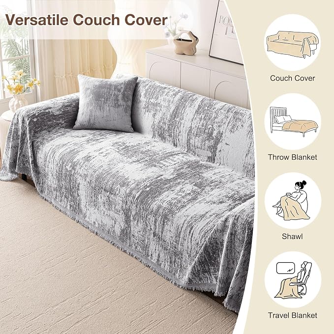hyha Couch Cover for Dogs, Boho Chenille Sofa Cover for 3 Cushion Couch | Anti-Scratch Washable Sofa Slipcover, Loveseat Sectional Couch Throw Blankets with Tassels (Dark Grey/White, 88.5x150 Inch) - Image 6