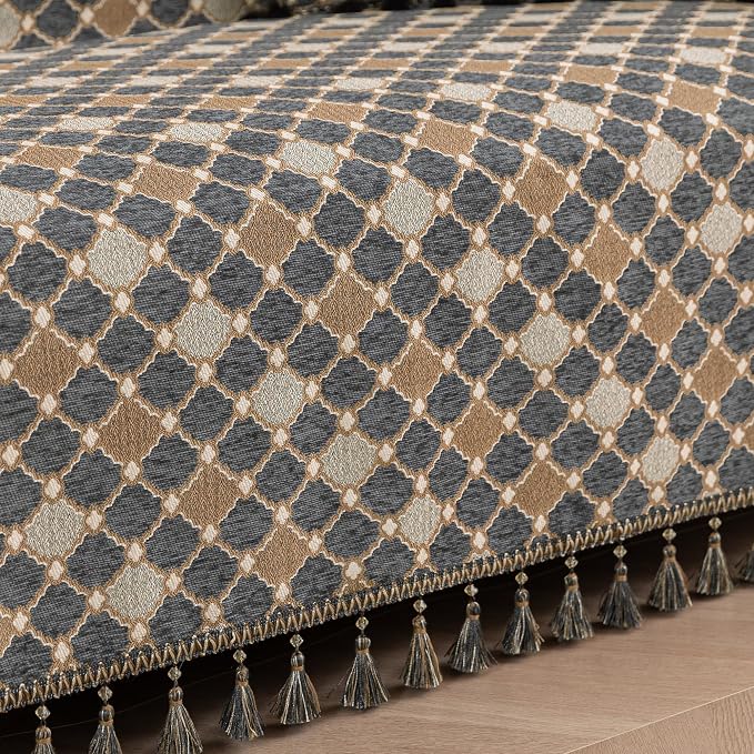 Loom and Mill Luxury Chenille Sofa Covers, Blue-Grey+Khaki+Beige, 71"x118" | Elegant Checkered Sofa Throw Cover with Tassels for 2-3 Cushion Couch, Sectional Couch Cover Sofa Slipcover for Dogs Pets - Image 4