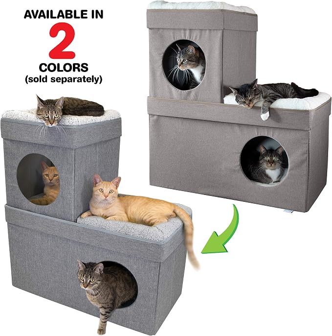 Kitty City Large Stackable Cat Condo & Cube House, Modular Indoor Cat Furniture with Plush Washable Beds, Collapsible Cat Cave & Lounging Ottoman, Grey - Image 7