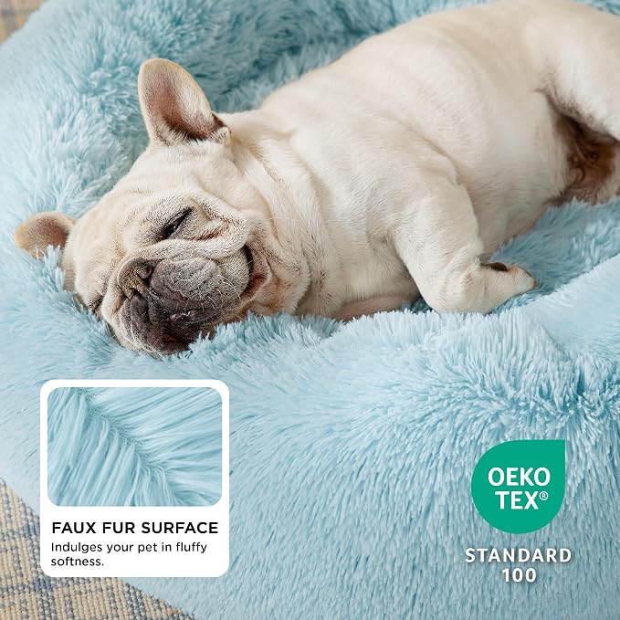 Bedsure Calming Dog Bed Medium Size Dog Donut Washable Pet Bed,30ins | Fluffy Faux Fur Round Cuddler,Machine Washable,Anti-Slip Bottom,Anti-Anxiety,Deep Sleeping for Pets Up to 45 Lbs,Aqua Blue - Image 2