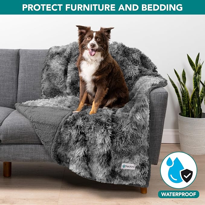 PetAmi Waterproof Dog Blanket for Couch, Bed & Furniture,Reversible Sherpa & Faux Fur Pet Blanket, Leakproof Blanket for Puppy Cat, Washable Soft Calming Pet Couch Protector (29x40, Tie-Dye Gray) - Image 2
