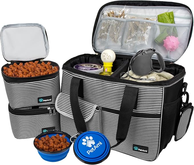PetAmi Dog Travel Bag Organizer, Pet Travel Kit with 2 Food Containers & 2 Collapsible Dog Bowls, Pet Supplies Tote with Luggage Sleeve, Weekend Road Trip Camping Essentials, Stripe Black, Medium by PetAmi