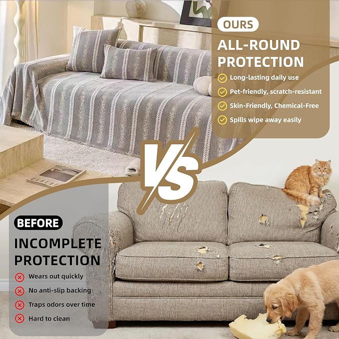 Couch Cover for Dogs Washable Sofa Cover, Sectional Couch Covers, Sofa Covers for 2 Cushion Couch, Non Slip Stripe Sofa Slipcovers Furniture Protector (Light Grey, 71 * 118) - Image 9