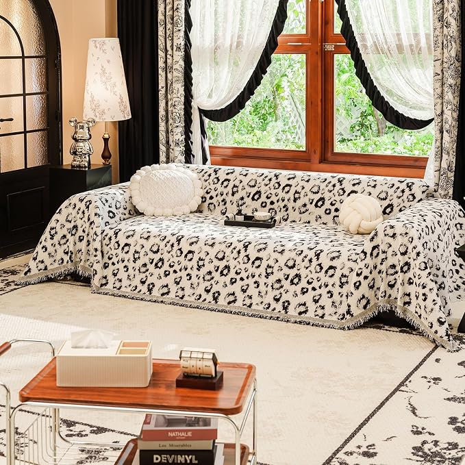 VClife Vintage Leopard Couch Cover, Cute Loveseat Cover for Sofa, Aesthetic Cheetah Pattern Couch Cover for 2 Cushion Couch Sofa, Washable Pet Furniture Protector with Tassel, Black, 71''x118'' - Image 3