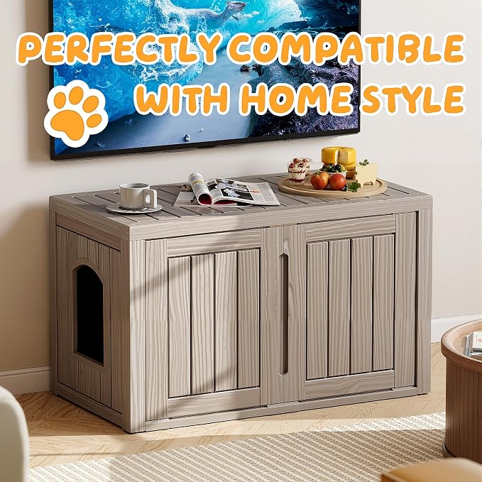 Cat Litter Box Enclosure,Multi-Functional Hidden Litter Box Furniture Cabinet with Adjustable Partition & Side End Table, Indoor Outdoor Cat House with Double Doors,Easy to Clean & Assemble, Gray - Image 2