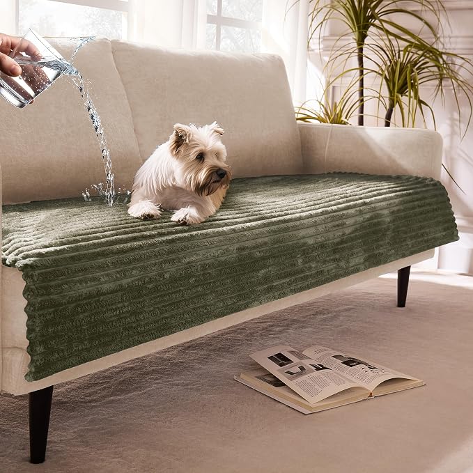 Waterproof Dual Non-Slip Couch Cover for Dogs, Fuzzy Soft Pet Couch Covers for 2 Cushion Sofa loveseat, Pet Friendly Soft Dog Bed Covers Sofa Cover Washable (Sage Green, 33" x 62" 1 Pack) by Meider